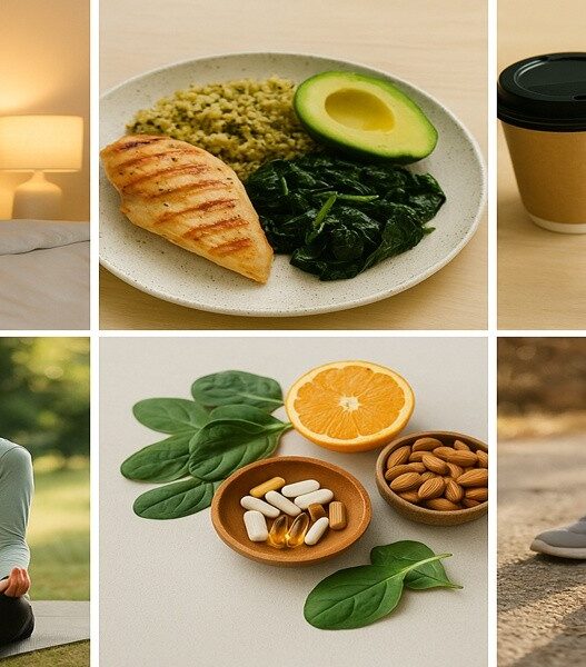 Is Adrenal Fatigue Real lifestyle collage showing healthy sleep, balanced meals, reduced stimulants, restorative practices, nutrient support, and gentle movement for adrenal health and autoimmune wellness.