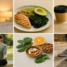 Is Adrenal Fatigue Real lifestyle collage showing healthy sleep, balanced meals, reduced stimulants, restorative practices, nutrient support, and gentle movement for adrenal health and autoimmune wellness.