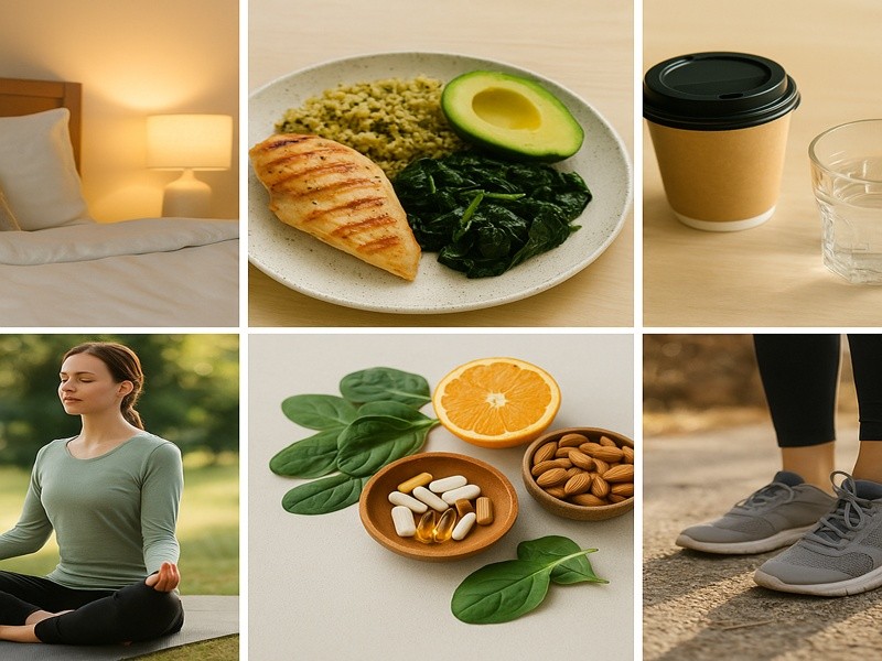 Is Adrenal Fatigue Real lifestyle collage showing healthy sleep, balanced meals, reduced stimulants, restorative practices, nutrient support, and gentle movement for adrenal health and autoimmune wellness.
