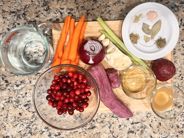 Best No-Tomato Sauce ingredients with beets, cranberries, carrots, celery, onion, sweet potato, bay leaves, and apple cider vinegar, nightshade free and dairy free