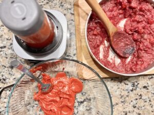 Best No-Tomato Sauce being blended and transferred from pot to blender and bowl, smooth nightshade free, dairy free, AIP compliant sauce