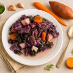 Sweet Potato Cabbage Stew with carrots, kale, and fresh dill on a white plate, gluten free, dairy free, and nightshade free.