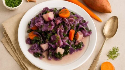 Sweet Potato Cabbage Stew with carrots, kale, and fresh dill on a white plate, gluten free, dairy free, and nightshade free.