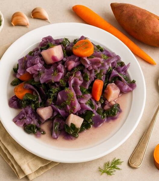 Sweet Potato Cabbage Stew with carrots, kale, and fresh dill on a white plate, gluten free, dairy free, and nightshade free.