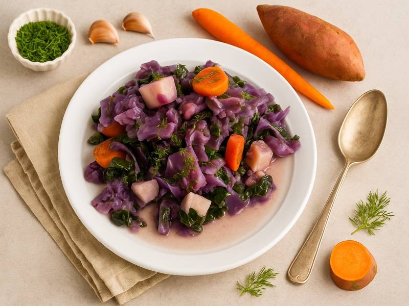 Sweet Potato Cabbage Stew with carrots, kale, and fresh dill on a white plate, gluten free, dairy free, and nightshade free.