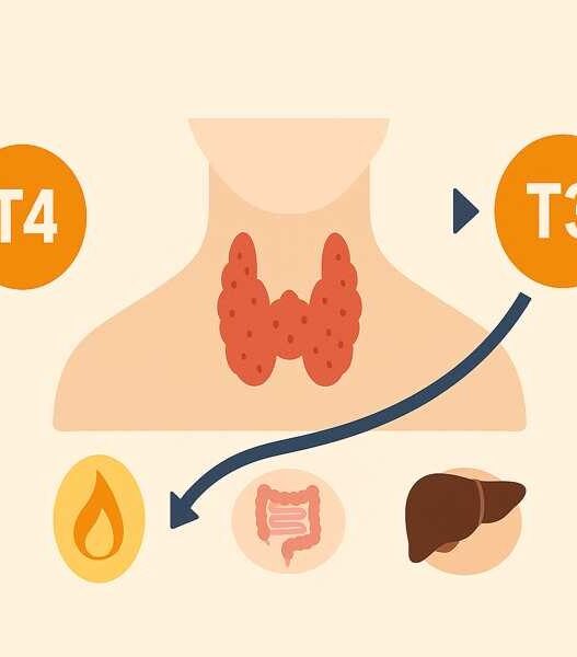 Thyroid hormone conversion illustration showing thyroid gland with arrows indicating T4 converting into T3, influenced by gut, liver, and inflammation.