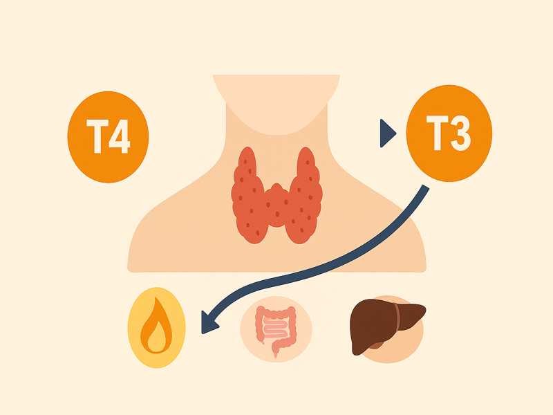 Thyroid hormone conversion illustration showing thyroid gland with arrows indicating T4 converting into T3, influenced by gut, liver, and inflammation.