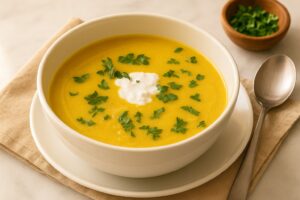 AIP Cauliflower Cream Soup dairy free and anti-inflammatory recipe with coconut cream, garlic, and kelp for gut and thyroid health.