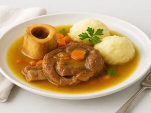 Best AIP Osso Buco with white sweet potato mash on a clean white plate, gluten free, dairy free, nightshade free recipe.