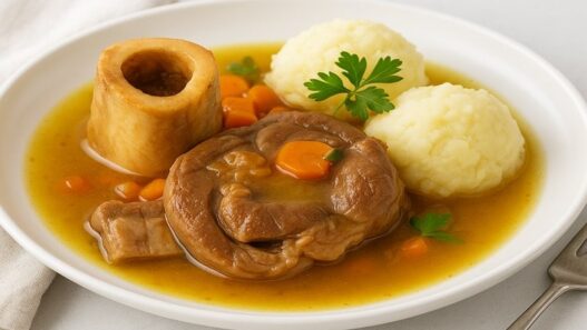 Best AIP Osso Buco with white sweet potato mash on a clean white plate, gluten free, dairy free, nightshade free recipe.
