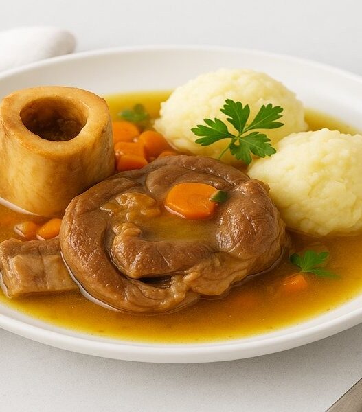 Best AIP Osso Buco with white sweet potato mash on a clean white plate, gluten free, dairy free, nightshade free recipe.