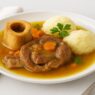 Best AIP Osso Buco with white sweet potato mash on a clean white plate, gluten free, dairy free, nightshade free recipe.
