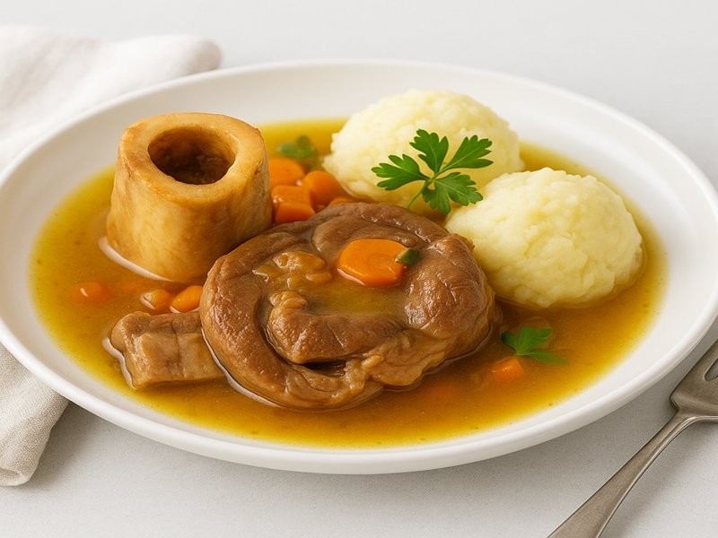 Best AIP Osso Buco with white sweet potato mash on a clean white plate, gluten free, dairy free, nightshade free recipe.