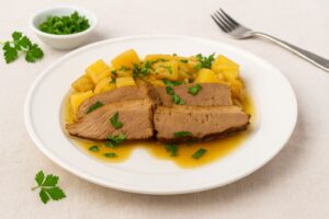 Best AIP Mouth-Melting Brisket with Sweet Potatoes and Herbs. Gluten free, dairy free, soy free, nightshade free, and paleo friendly. Slow-baked tender beef with apple cider vinegar and fresh parsley.