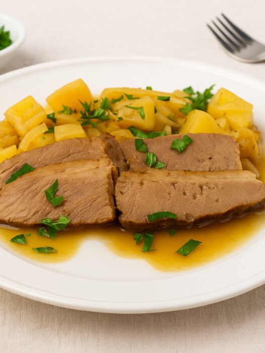 Best AIP Mouth-Melting Brisket with Sweet Potatoes and Herbs. Gluten free, dairy free, soy free, nightshade free, and paleo friendly. Slow-baked tender beef with apple cider vinegar and fresh parsley.