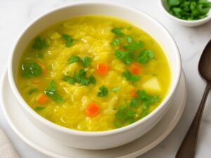 Cabbage and Potato Soup dairy free gluten free AIP-friendly comfort soup with fresh cilantro on marble table in natural sunlight