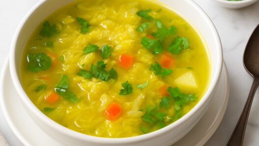 Cabbage and Potato Soup dairy free gluten free AIP-friendly comfort soup with fresh cilantro on marble table in natural sunlight