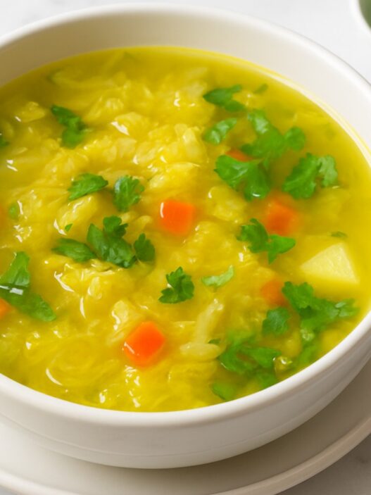 Cabbage and Potato Soup dairy free gluten free AIP-friendly comfort soup with fresh cilantro on marble table in natural sunlight