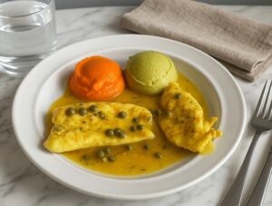 Healthiest AIP chicken piccata with bright carrot and asparagus purées, tender chicken in lemon caper sauce, served on a white plate for an autoimmune-friendly meal.