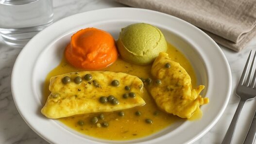 Healthiest AIP chicken piccata with bright carrot and asparagus purées, tender chicken in lemon caper sauce, served on a white plate for an autoimmune-friendly meal.