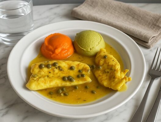 Healthiest AIP chicken piccata with bright carrot and asparagus purées, tender chicken in lemon caper sauce, served on a white plate for an autoimmune-friendly meal.