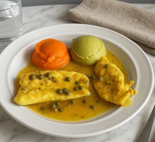 Healthiest AIP chicken piccata with bright carrot and asparagus purées, tender chicken in lemon caper sauce, served on a white plate for an autoimmune-friendly meal.