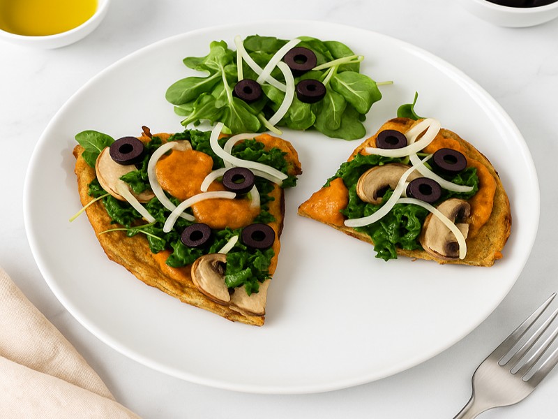 Tasty AIP Pizza Crust on marble table, topped with kale, mushrooms, and olives, served with a fresh salad — healthy, gluten-free, gut-friendly, and perfect for autoimmune diets.