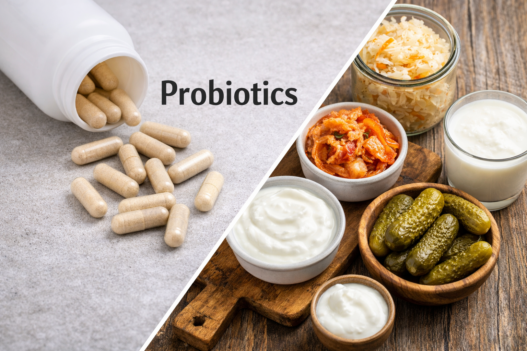 Probiotics Good or Bad comparison showing probiotic pills on one side and healthy fermented probiotic foods on the other. Gut health, Autoimmune health