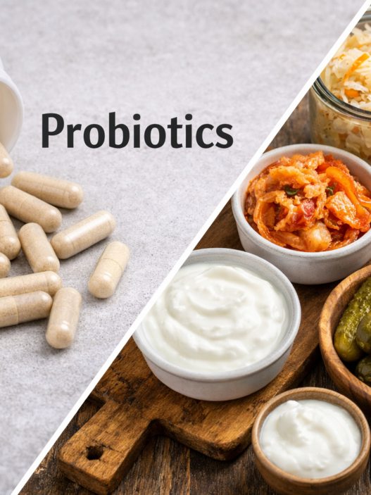 Probiotics Good or Bad comparison showing probiotic pills on one side and healthy fermented probiotic foods on the other. Gut health, Autoimmune health