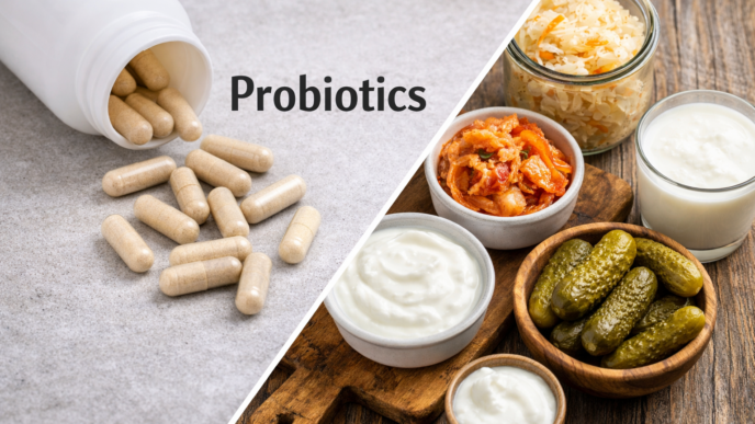 Probiotics Good or Bad comparison showing probiotic pills on one side and healthy fermented probiotic foods on the other. Gut health, Autoimmune health