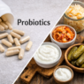 Probiotics Good or Bad comparison showing probiotic pills on one side and healthy fermented probiotic foods on the other. Gut health, Autoimmune health